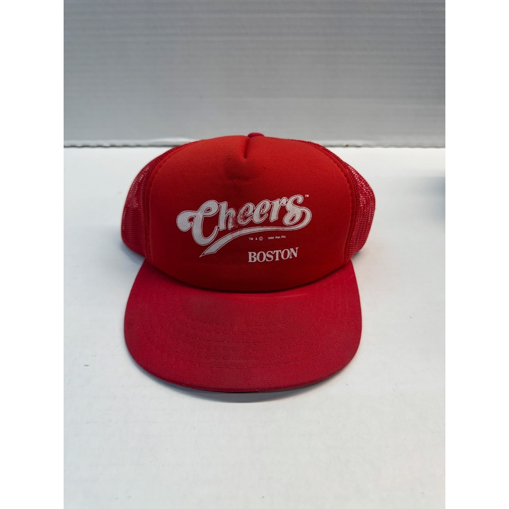 Vintage 1992 Cheers Boston Trucker Hat Yupoong Showcase Red Mesh Cap Made Korea